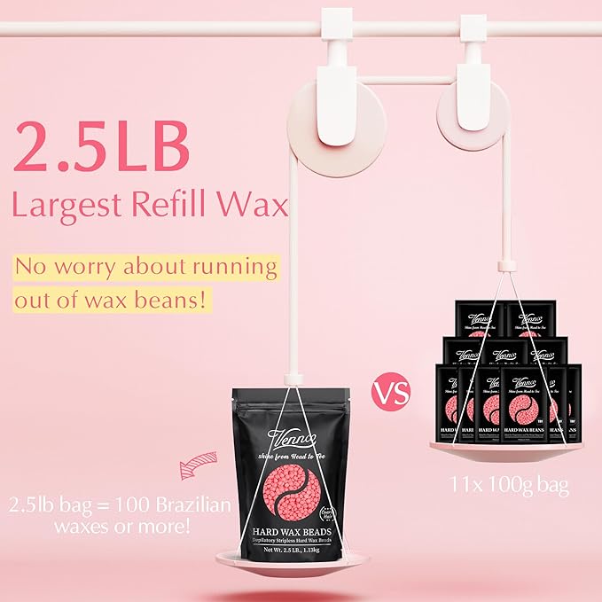 Vennco 2.5lb Pink Rose Hard Wax Beads for Hair Removal - Gentle Hard Wax for Face, Bikini, and Brazilian Areas - Wax Refill for Full Body Professional Home Waxing