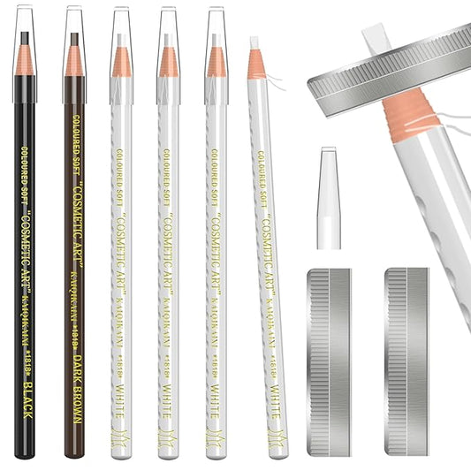 KAIQIKAIXI 6Pcs White Waterproof Eyebrow Pencils Makeup Set For Marking, Filling And Outlining, Tattoo Makeup And Microblading Supplies Kit-Hard Refills Are Easy To Color (White)