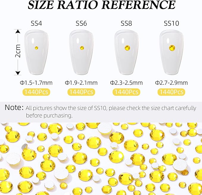 Meibite Yellow Flatback Rhinestones, Glass Rhinestones for Nail Art and Craft, Glue Fix, Loose Crystal Gemstones(Yellow, SS8, 2880pcs, 2.3-2.5mm)
