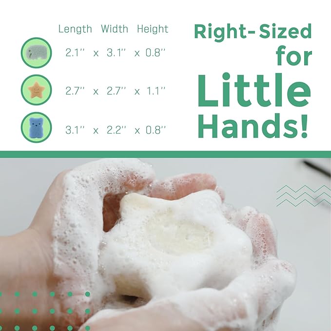 myHomeBody Konjac Baby Sponge for Bathing, Cute Shapes Natural Kids Bath loofah for Infants, Toddler, Newborns, Safe Plant-Based, 3pc. Set: Elephant, Bear & Star
