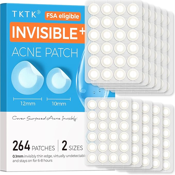TKTK Pimple Patches for Face, 0.01cm Ultra-Thin Invisible Acne Patches, Hydrocolloid Patches for Breakouts, Absorbs Zits & Blemish, Suitable Under Makeup, 2 Sizes(10mm/12mm) 264 count