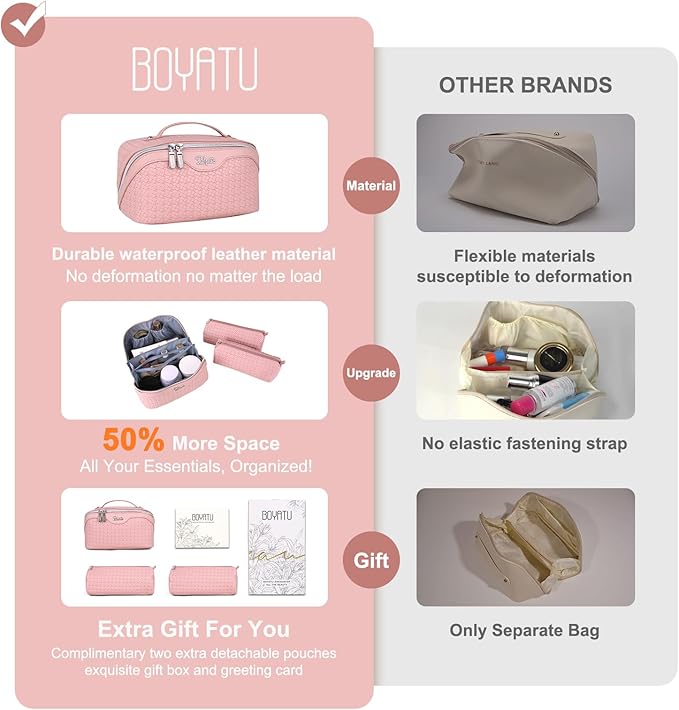 BOYATU Travel Makeup Bag Cosmetic Bags for Women: Large Capacity 3 Pcs Set Make up Bag with Compartments - Waterproof Vegan Leather Toiletry Organizer Bags with Handle (L17 Pink)