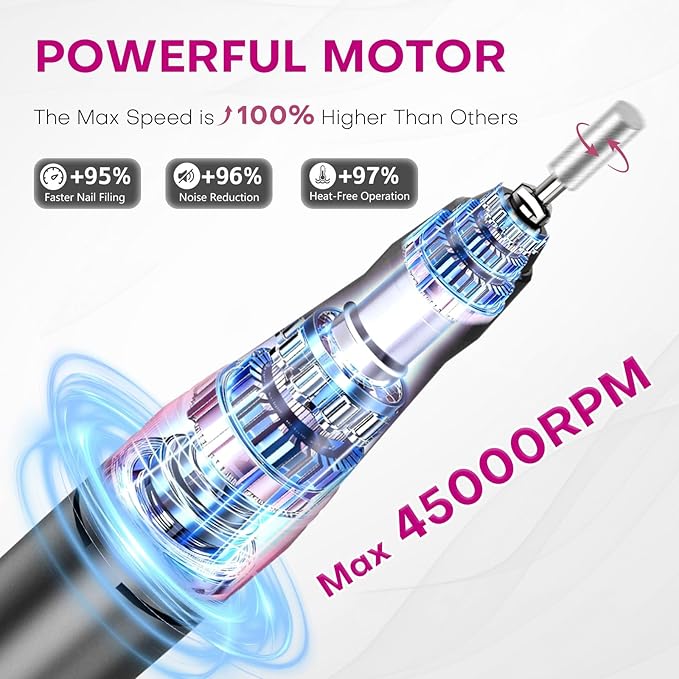 TUOBEO Nail Drill Electric Nail File Kit 45000 RPM Professional Efile Nail Set,Cordless Portable Rechargeable Acrylic Gel Nail Polish Remover Machine Pedicure Manicure Tool for Salon Home Gray