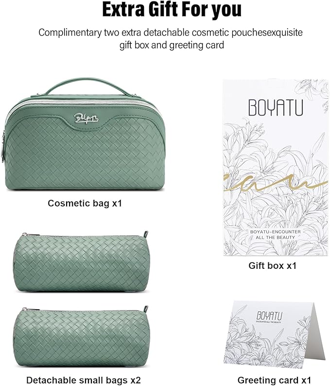 BOYATU Travel Makeup Bag Cosmetic Bags for Women: Large Capacity 3 Pcs Set Make up Bag with Compartments - Waterproof Vegan Leather Toiletry Organizer Bags with Handle (L36 Grass Green)