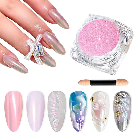 BISHENGYF Chrome Nail Powder -【Fairy Effect】Pink Chrome Nail Powder Aurora Mermaid Iridescent Chrome Powder For Nails, Pink Chrome Powder Metallic Mirror Glitter Pigment Dust For Manicure Decoration