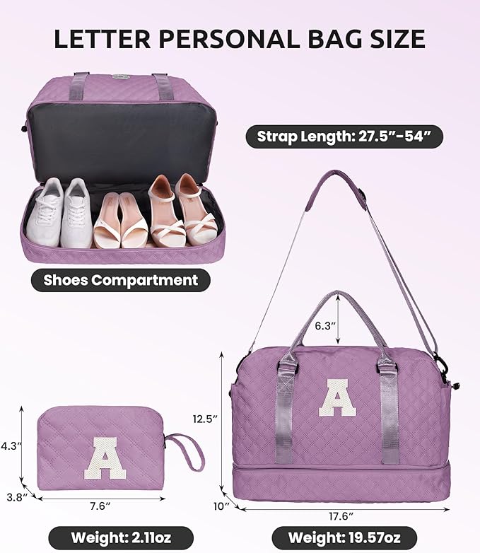 Personalized Teen Duffle Bag with Shoe Compartment, Weekender Overnight Travel Bag, Monogram Letter Bag with Makeup Bag, Birthday Gift