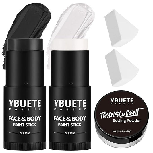 White Black Face Body Paint Stick Set with Translucent Setting Powder and Sponges, Professional Full Coverage Face Painting for Adults Halloween Cosplay SFX Skull Zombie Skeleton Goth Makeup
