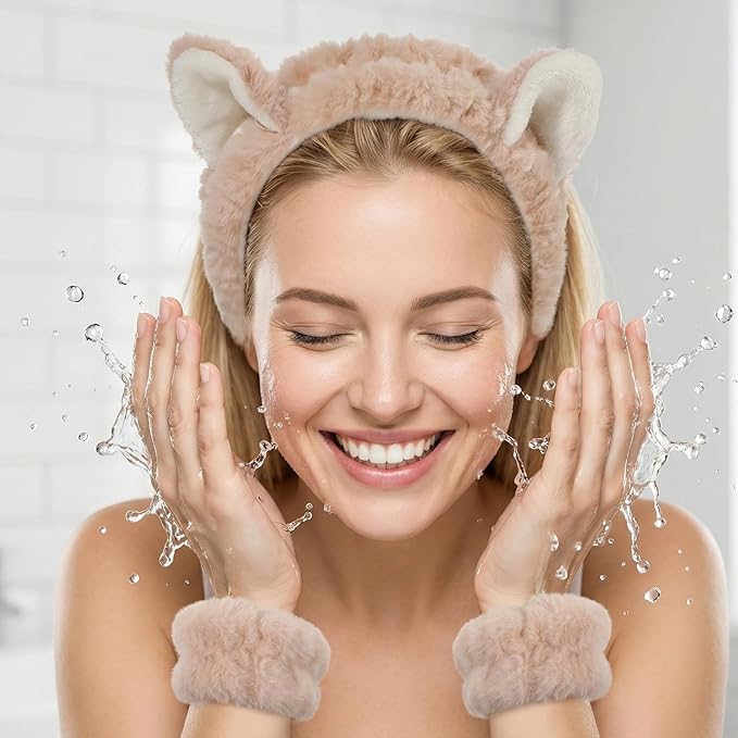XLIUAX Headbands for Women, Elastic Spa Headband with 2pcs Wristband Set, Cute Plush Cat Ears Puffy Head Band Makeup Hair Band for Washing Face Skincare Yoga Facial Mask(Beige)