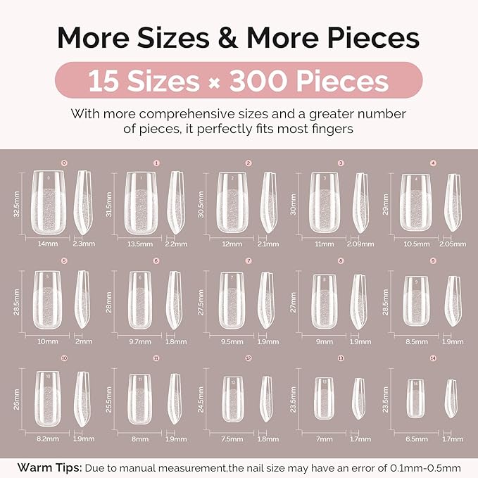 MelodySusie Square Gel Nail Tips Kit-300Pcs Pre-Building Apex Fake Nail Tips 20g Solid Nail Glue Gel,Half Matte Full Cover Clear Acrylic Nail,15Sizes Thick Strong Long Lasting for Home DIY&Salon