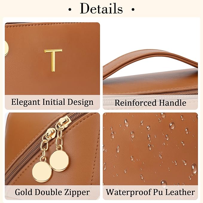 Birthday Gifts for Women Teen Girl, Personalized Initial Makeup Organizer Bag Set, Open Flat Travel Cosmetic Bag With Clear Divider and Handle(Brown,T)