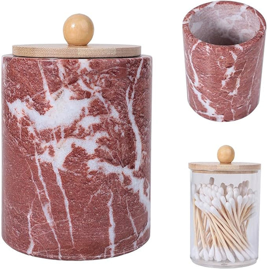 Travertine Marble Qtip Holder Dispenser with Bamboo Lid & Clear Plastic Inner Jar - Bathroom Vanity Organizer for Cotton Swab, Ball, Makeup Pads, Floss - Storage Container (Rosso Red Marble)