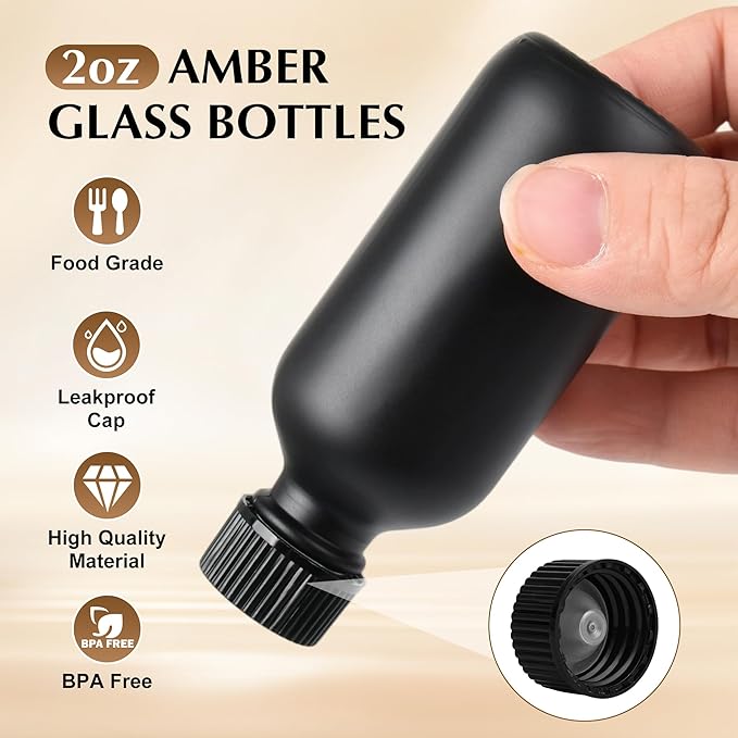 Exlvanto Small Glass Bottles with Lids Boston Round Shot Bottles for Health, Immunity, Ginger Juice, Essential Oils, Potion - Leak Proof Mini Travel Containers (Black Frosted, 2oz-24Pack)