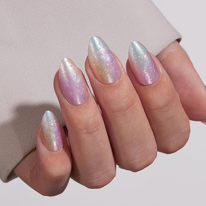 VSALON Press on Nails Medium Almond - Colorful Sfumato Golden Foil Nails Kit for Women, Reusable Opaque Soft Gel Fake Nails with Glue & Cuticle Oil - 32 PCS Glue On Nails in 16 Sizes (Mermaid)