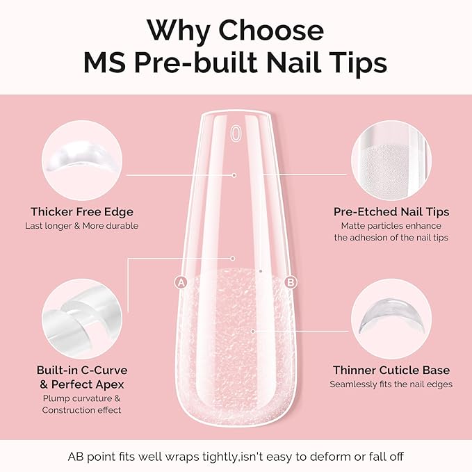 MelodySusie Long Coffin Gel Nail Tips Kit-300Pcs Pre-Building Apex Fake Nail Tips 20g Solid Nail Glue Gel,Half Matte Full Cover Clear Acrylic Nail,15Sizes Thick Strong Long Lasting for Home DIY&Salon