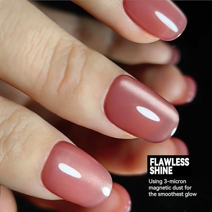 Okiyomi Pink Press on Nails - Dusky Rose Pink Cat Eye Press on Nails | Magnetic Sunset Rose Shimmer - Short Ballerina Squoval Shape - 15 Sizes - 30 Soft Gel Fake Nails with Glue and Stick On Tabs