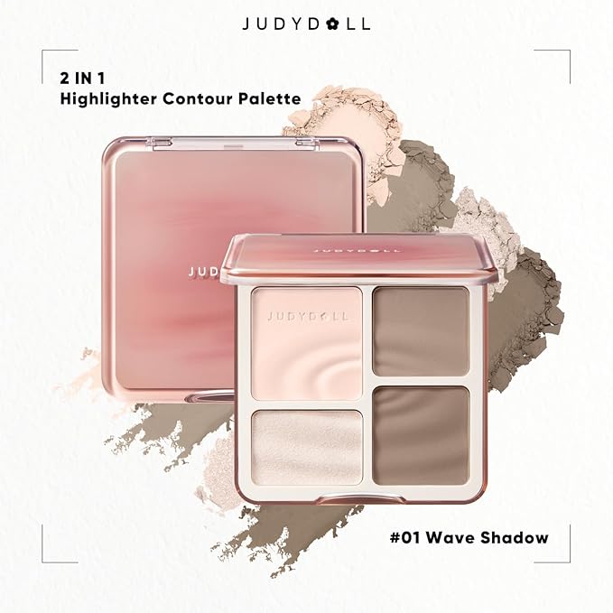 JUDYDOLL Highlight & Contour Palette, All-in-One Matte Highlighter Contour Compact, stocking stuffers, Blendable Face Makeup for Cool and Olive Skin Tone (01 Wave Shadow Palette)