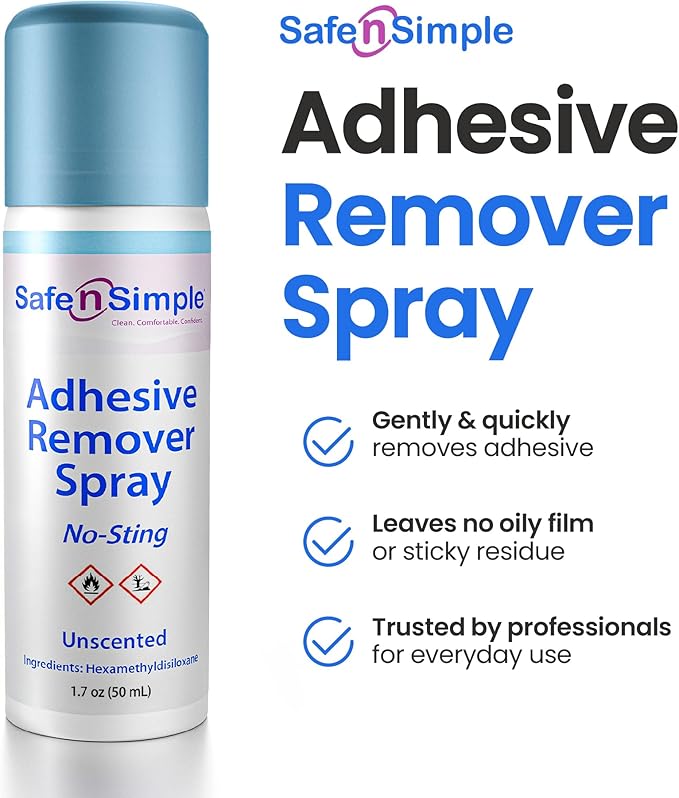 Safe n’ Simple Medical Adhesive Remover Spray for Skin - 1.7 Fl Oz No Sting Alcohol Free Ostomy Adhesive Remover - Gentle Medical Adhesive Removal Spray for Stoma, Urostomy, Ileostomy & Colostomy Care