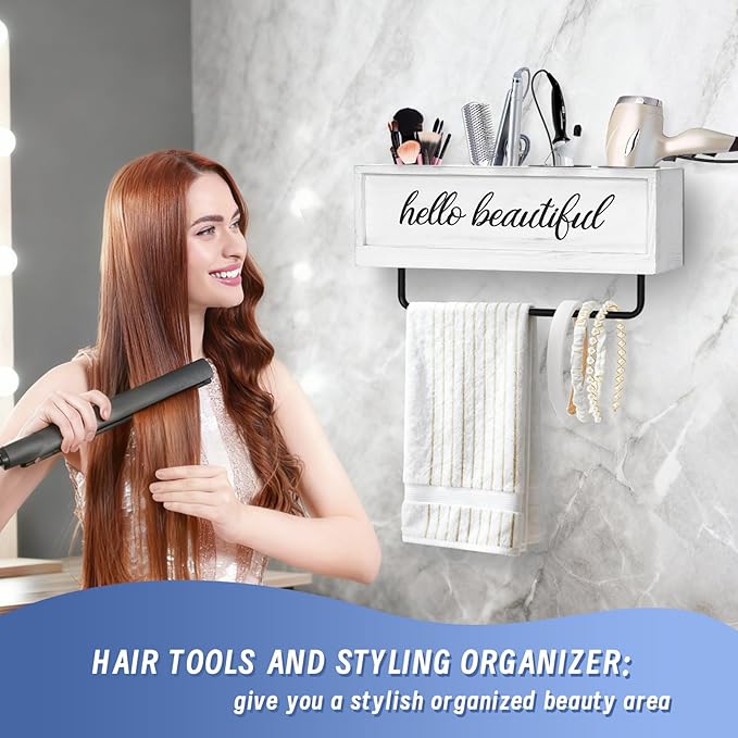 Hair Dryer Holder Wall Mounted, Hair Tools and Styling Organizer with Towel Bar, Farmhouse Beauty Hair Appliance Holder for Flat Iron, Curling Wand, Towel Rack (White)
