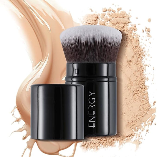 ENERGY Kabuki Brush Retractable - Makeup Kabuki Foundation Brush Travel for Liquid, Blush, Loose Powder & Cream Bronzer Blending, Buffing Cruelty-Free Face Makeup Brushes with Cover Mini (Black)