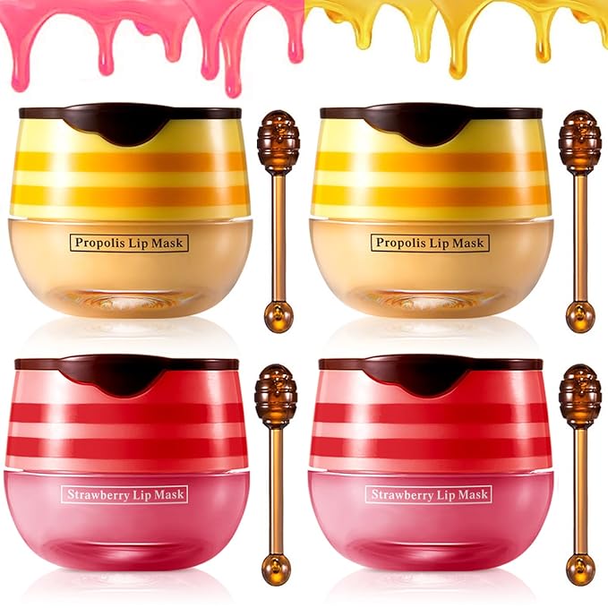 Lip Balm, Vitamin E Moisturizing Propolis Sleeping Mask, Effective Reduces Lines, Prevention of Dry and Cracked Lips Nourishing Dry Lip Care (2 Packs Strawberry & 2 Packs Honey, 1.9Oz)