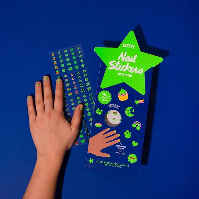 Omy Glow in The Dark Nail Stickers for Kids - 200 Stickers, Waterproof, Durable, Fun, Creative Designs | Strong Enough to Last Through Hand Washing - Easy to Apply, Safe, Non-Toxic | Age 3 and Up