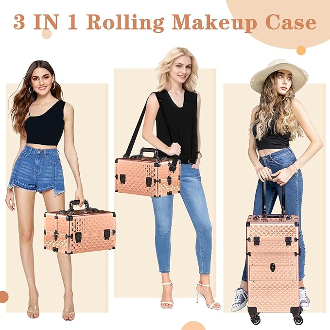 Karl home Rolling Makeup Case with Wheels & 2 Drawers, 3 in 1 Large Capacity Trolley Makeup Travel Case, Professional Cosmetology Lockable Travel Cosmetic Storage Train Cases, Champagne Gold