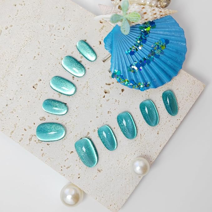 Cat Eye Press on Nails Handmade Short Oval/Square/Round False Nails with French Tip/Aurora/Magnetic Shimmer Designs (Side#Glass Sea L)
