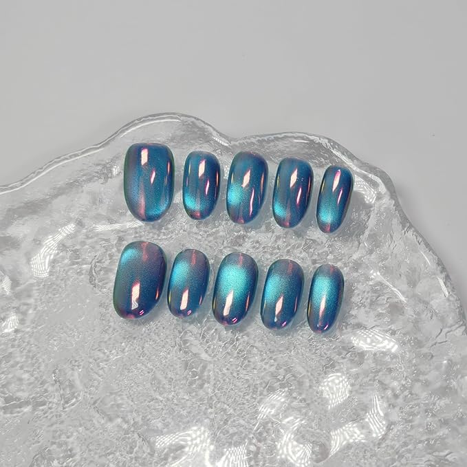 Cat Eye Press on Nails Handmade Short Oval/Square/Round False Nails with French Tip/Aurora/Magnetic Shimmer Designs (Aurora#Night M)