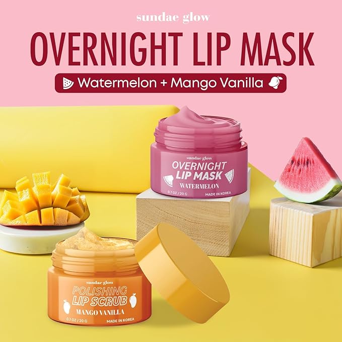 Sundae Glow Lip Mask & Scrub – Watermelon, Mango & Vanilla – Hydrates, Exfoliates, Softens & Repairs Dry, Cracked Lips – Dermatologist Tested, Korean Skin Care – Vegan, Clean Beauty – Duo Pack