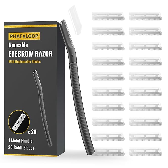 Phafaloop Facial Razor for Women with 20 Refill Blades, Eyebrow Razor and Dermaplaning Tool for Face Exfoliation & Peach Fuzz Removal, Precision Eyebrow Trimmer with Reusable Metal Handle – Black