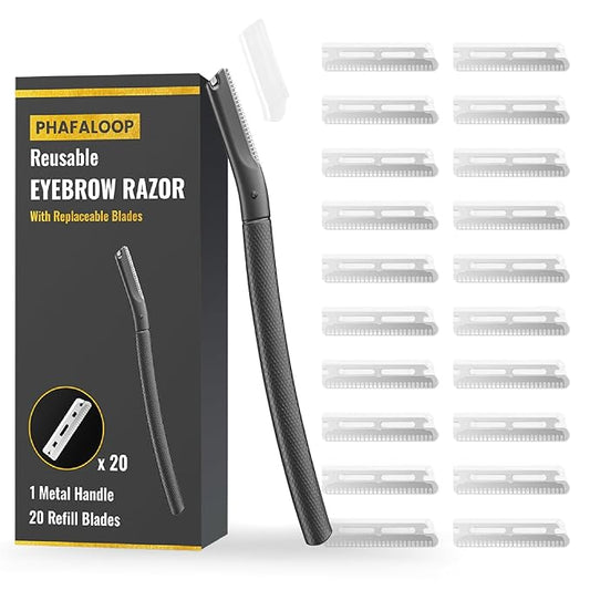 Phafaloop Facial Razor for Women with 20 Refill Blades, Eyebrow Razor and Dermaplaning Tool for Face Exfoliation & Peach Fuzz Removal, Precision Eyebrow Trimmer with Reusable Metal Handle – Black