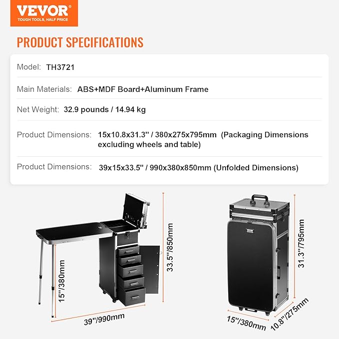VEVOR Makeup Train Case Professional Makeup Storage Organizer Box Make Up Carrier for Women and Girls