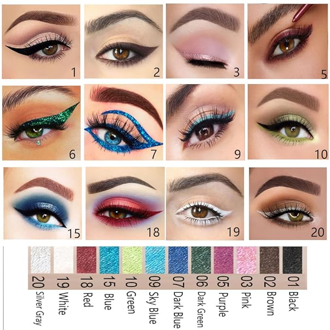 evpct 12Pcs Green Blue White Black Brown Purple Color Gel Glitter Eyeliner Pencils Set for Women Waterline Waterproof Smudge Proof lapiz de ojos delineador de ojos contra el agua Eye Liner Makeup 1-5