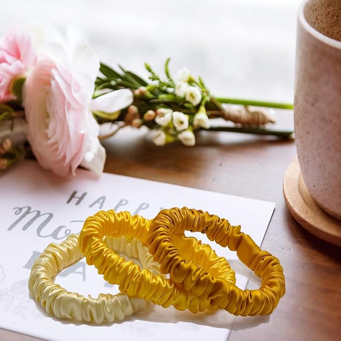 VLOMOT 3 Pcs Set 100% Pure Mulberry Silk Hair Scrunchies Hair Ties with 3 Chic Colors Everyday Skinny Scrunchies Silk Ponytail Holders Hair Care No Damage (Yellow)