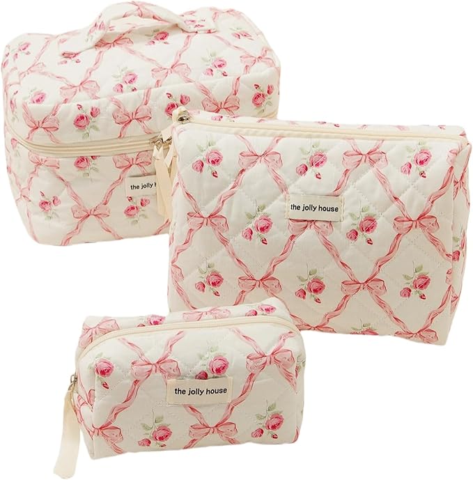 Cute Makeup Bag Aesthetic Floral Quilted Cotton Cosmetic Bag Travel Organizer Toiletry Pouch 3 Pack Set (01Pink Bow)