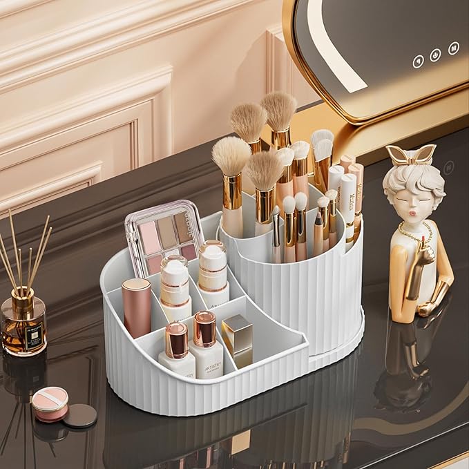SOVGIZF Makeup Organizer for Vanity, Rotating Cosmetic Storage Organizer with Brush Holder, Skincare Display Case, small Countertop Makeup Holder for Bathroom or Dresser,White