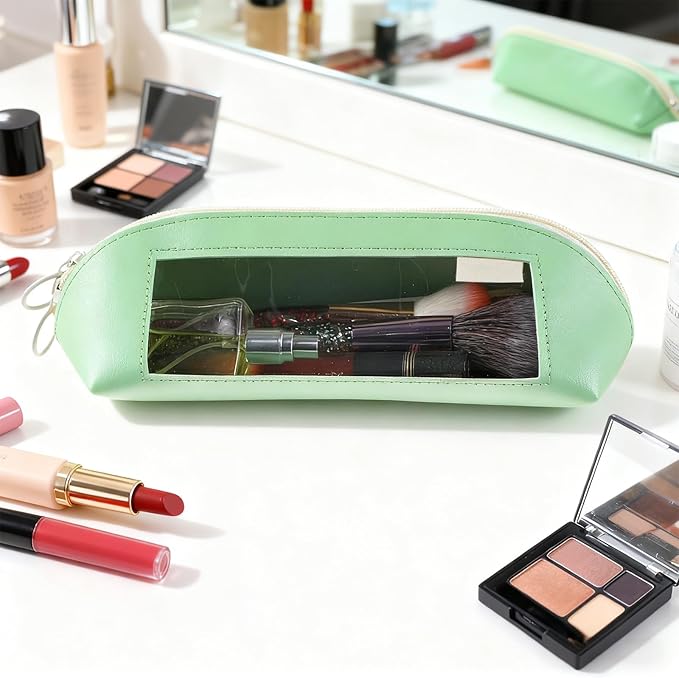 Clear Makeup Brush Bag Portable Makeup Brush Bag PU Leather Small Make up Brushes Pouch Case Transparent Waterproof Travel Cosmetic Organizer Pouch with Zipper for Women Home Office Storage (Green)