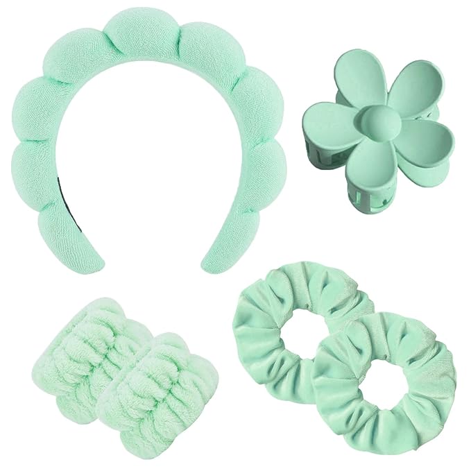 BluOcnMkt 6PCS Spa Headbands for Women Green Skincare Makeup Sponge Headband Set, Large Flower Hair Clip, Elastic Hair