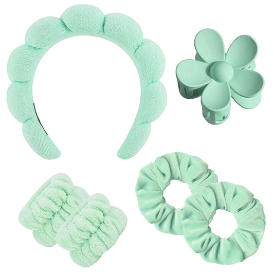 BluOcnMkt 6PCS Spa Headbands for Women Green Skincare Makeup Sponge Headband Set, Large Flower Hair Clip, Elastic Hair