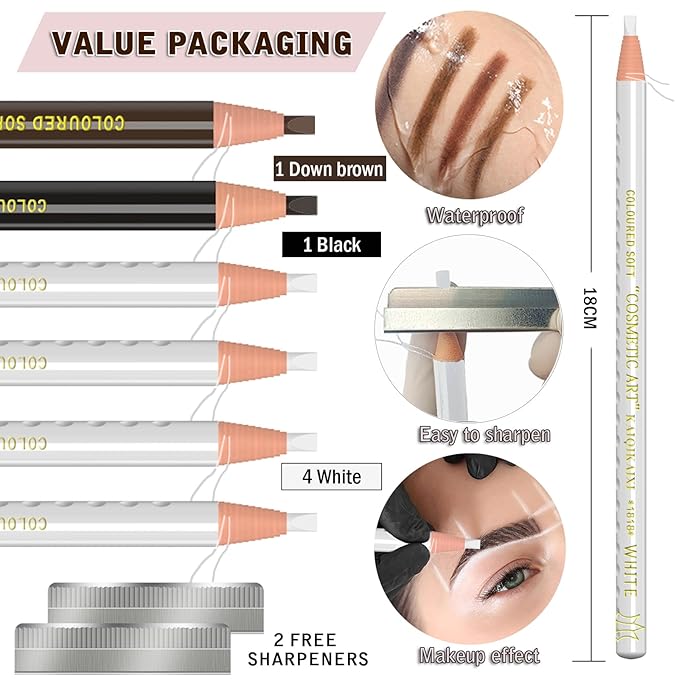 KAIQIKAIXI 6Pcs White Waterproof Eyebrow Pencils Makeup Set For Marking, Filling And Outlining, Tattoo Makeup And Microblading Supplies Kit-Hard Refills Are Easy To Color (White)