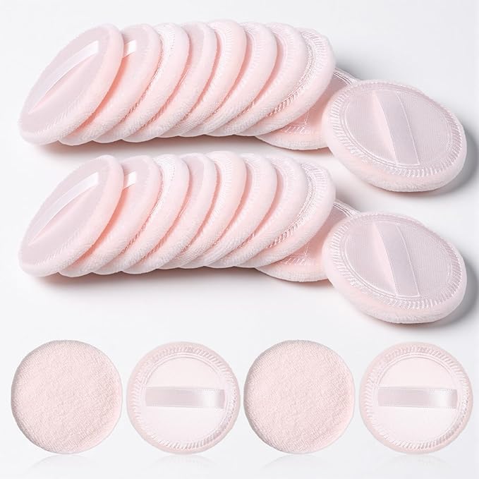 cobee 24 Pcs Round Powder Puffs, Makeup Powder Puff Soft Velour Makeup Pad With Ribbon, Setting Powders Puff Facial Make Up Eyeshadow Concealer Cosmetics Sponge Women(Pink)