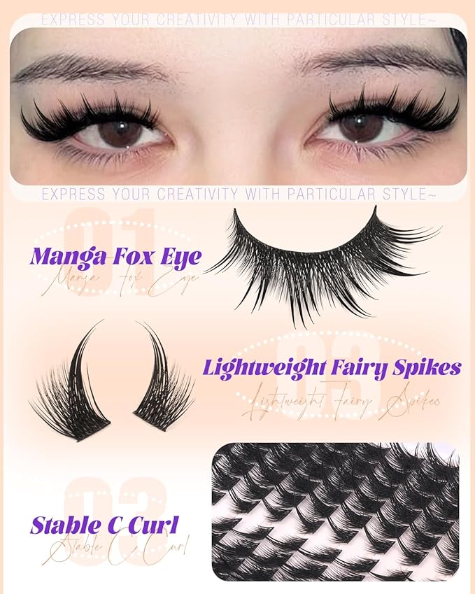 YDAGKH Lash Clusters Fox Eye Spikes Eyelash Extension Wispy Manga Cluster Eyelashes Fairy Spiky Cluster Eyelash Extensions 144Pcs Cat Eye Individuals Lashes Long DIY Volume Anime Lash Extension