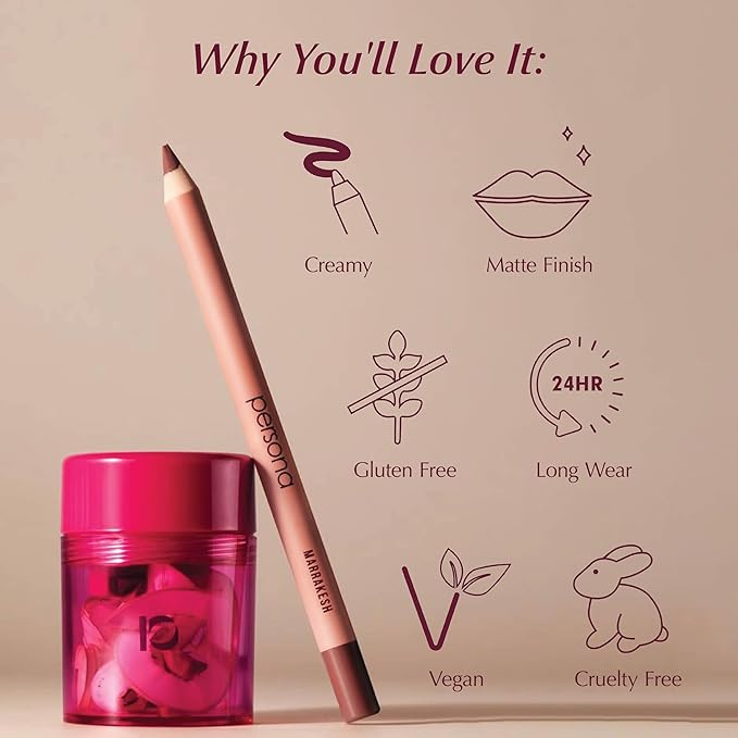PERSONA Lip Liner Pencil | Creamy, Long-Wear Matte Pencil with Jojoba Oil | Hydrating & Easy to Apply | Shapes, Defines & Contours Lips | Vegan, Cruelty-Free, Paraben-Free | Made in USA, 90210