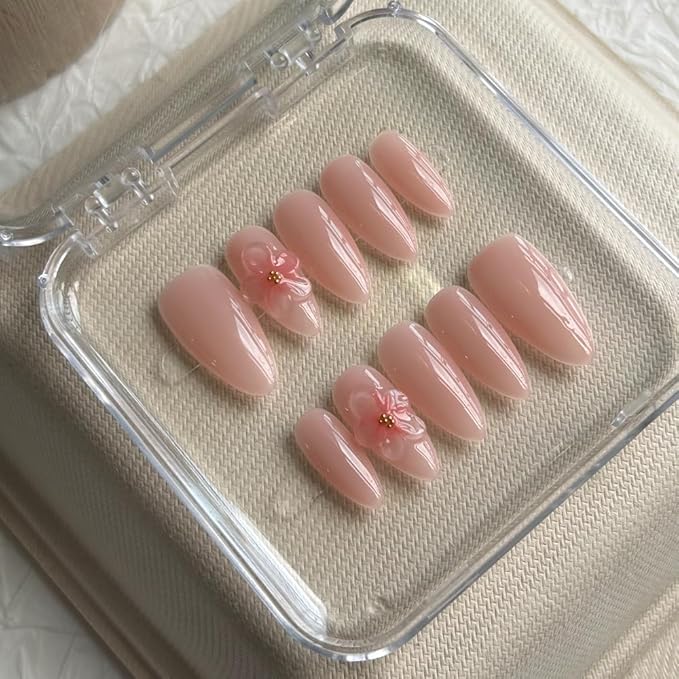 MAGLFELL Press On Nails Medium Almond Shape False Nails, Handmade Acrylic Gel Fake Nails with Art Designs, Reusable 10 Pcs 3D Nails for Women DIY Manicure Kit
