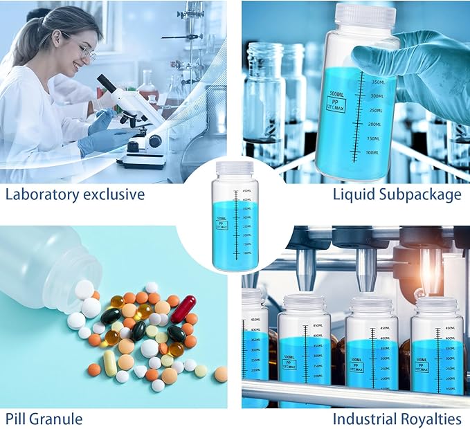 Tatuo 24 Pcs 16 oz 500 ml Polypropylene Plastic Sample Bottles with Screw Caps Sample Containers with Lid for Liquids, Reagent, Pill, Travel, Laboratory, Storage at Home(Wide Mouth-dark Scale)