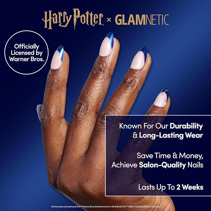 Harry Potter™ x Glamnetic Press On Nails - Ravenclaw™ | Blue French Tip Eagle Graphic Short Almond Nails in a Chrome & Glossy Finish | 15 Sizes - 30 Nail Kit with Glue