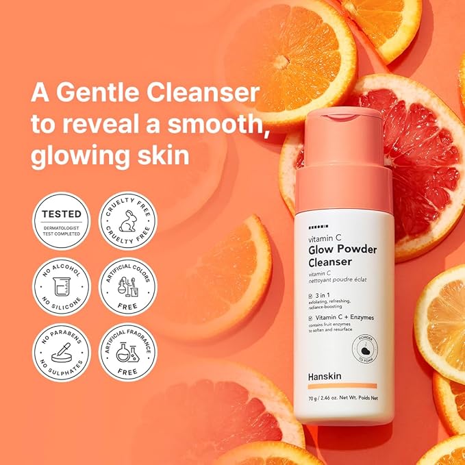 Hanskin Vitamin C Glow Powder Cleanser – Korean Brightening, Exfoliating Face Wash | Papaya Enzyme + Vitamin C for Radiant, Smooth, Even-Toned Skin | Gentle Daily Powder-to-Foam Cleanser | 2.36 fl oz