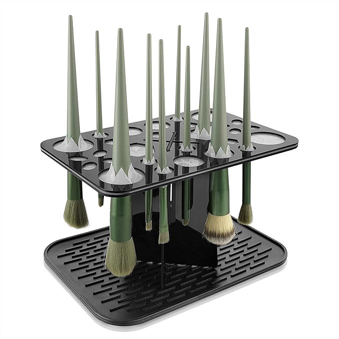 28 Holes Makeup Brush Holder,Makeup Brush Drying Rack Upside Down,Folding Makeup Brush Holder,Air Tree Tower Stand Organizer Comes with Mat