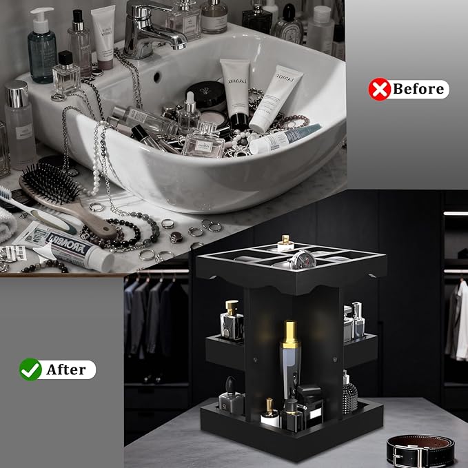 Rotating Cologne Organizer for Men - 3 Tier Cologne Stand - Wooden Large Capacity Perfume Stand Organizer for Mens Husband Perfume Holder for Bathroom Counter Cosmetics Display