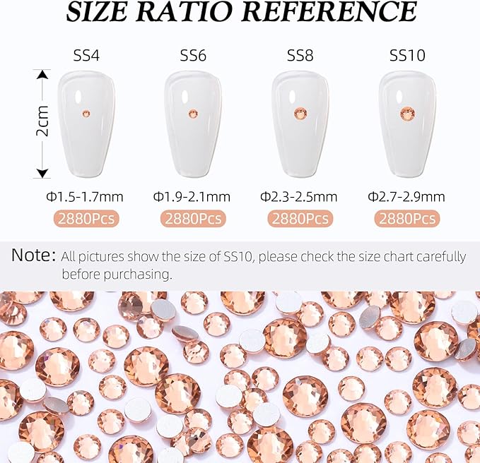 Meibite Champagne Flatback Rhinestones, Glass Rhinestones for Nail Art and Craft, Glue Fix, Loose Crystal Gemstones(Champagne, SS10, 2880pcs, 2.7-2.8mm)